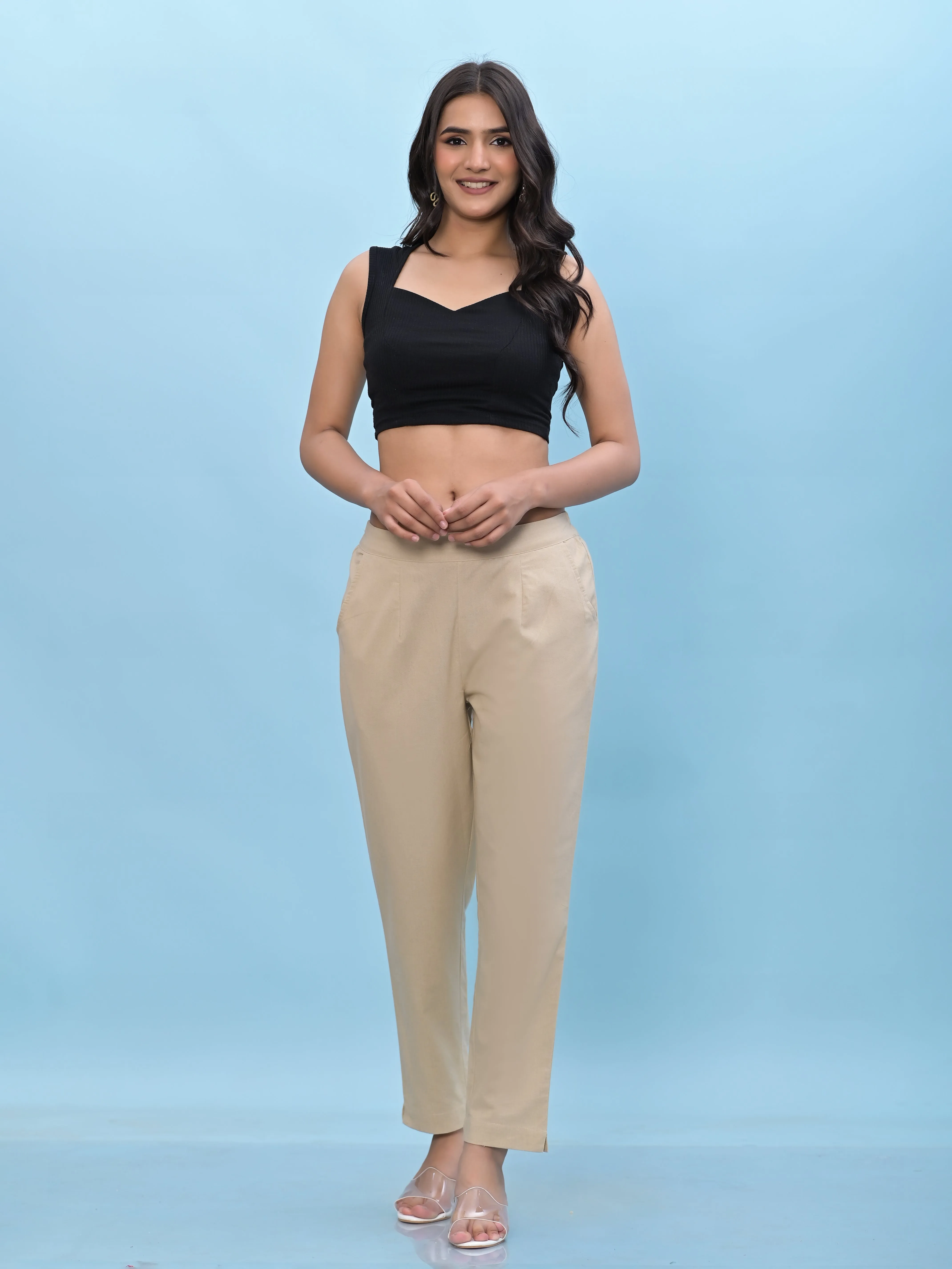 Juniper Women Beige Solid Cotton Pants with Partially Elasticated Waistband and Two Side Pockets