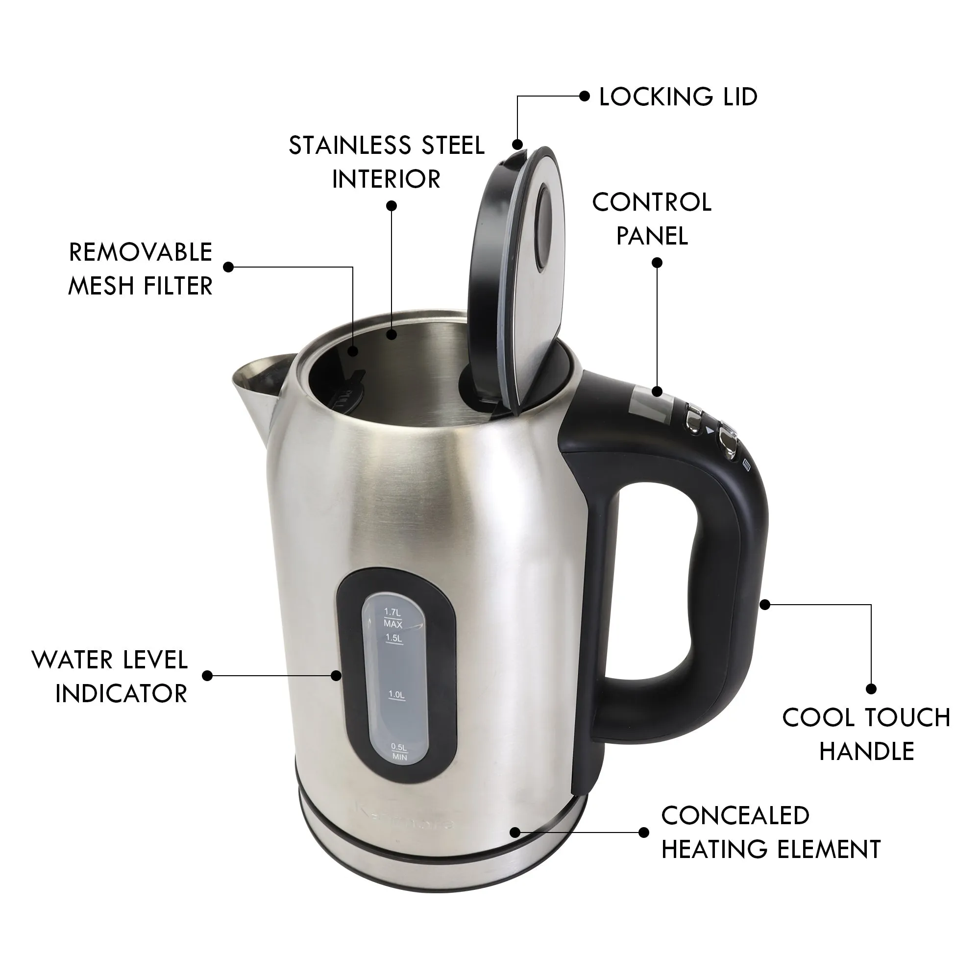 Kenmore Digital Cordless Electric Kettle 1.7L, Stainless Steel Teakettle with Adjustable Temperature, Rapid Boil, Digital Display, Auto Shut-off, Keep Warm, Boil-Dry Protection, Silver