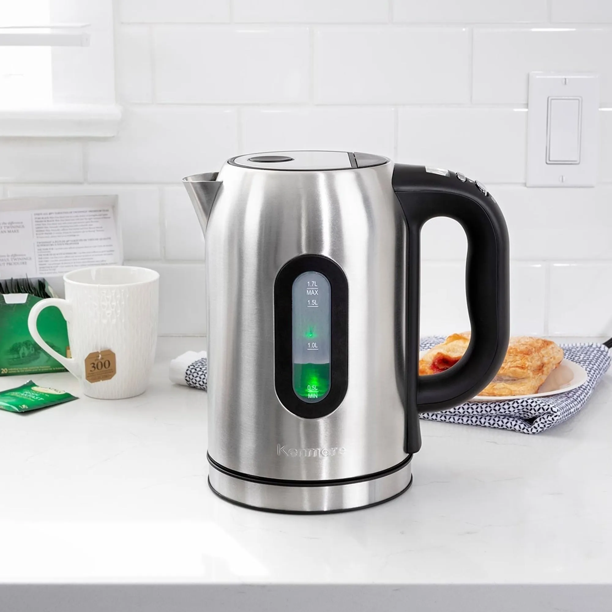 Kenmore Digital Cordless Electric Kettle 1.7L, Stainless Steel Teakettle with Adjustable Temperature, Rapid Boil, Digital Display, Auto Shut-off, Keep Warm, Boil-Dry Protection, Silver