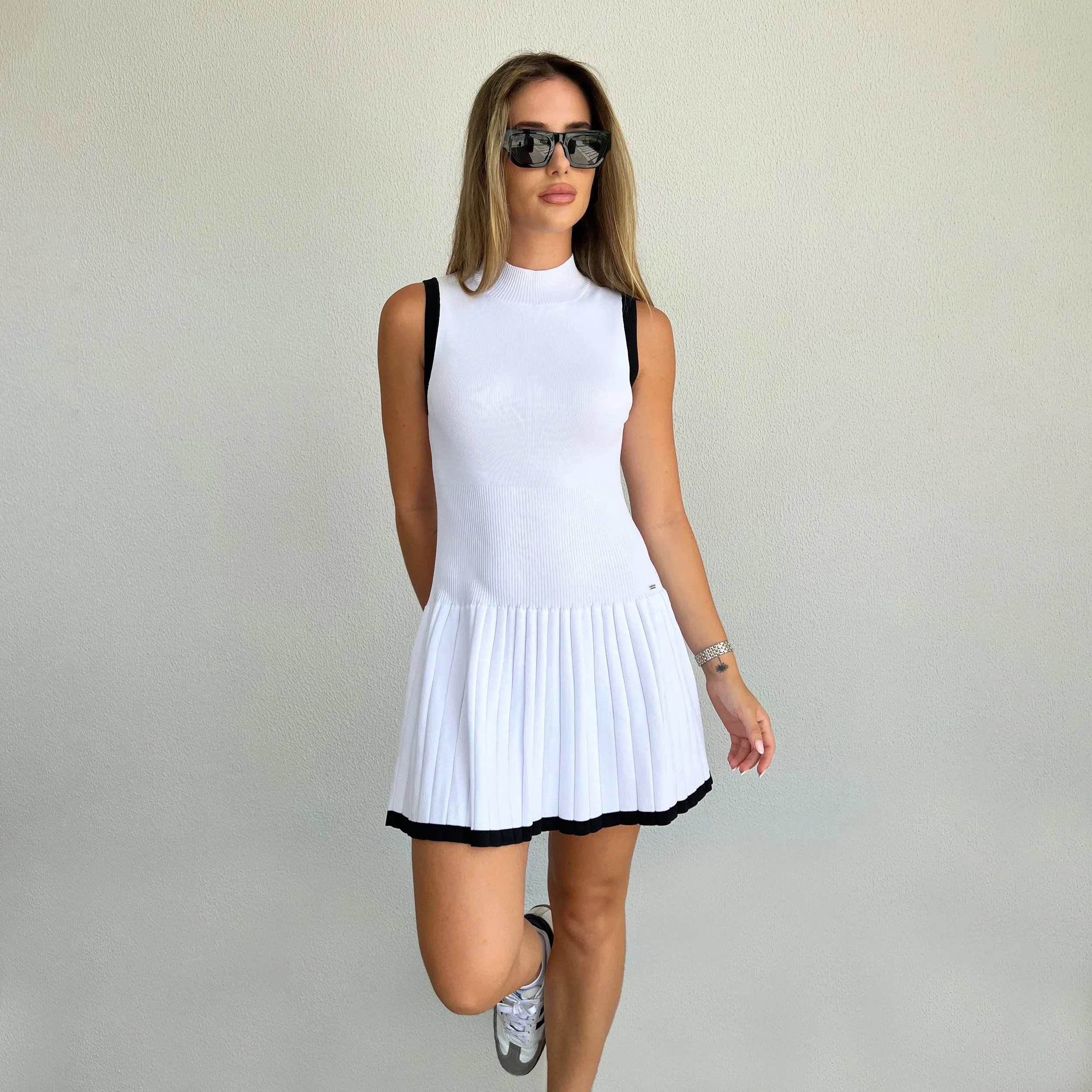 Knitted High Neck Pleated Dress - Off White