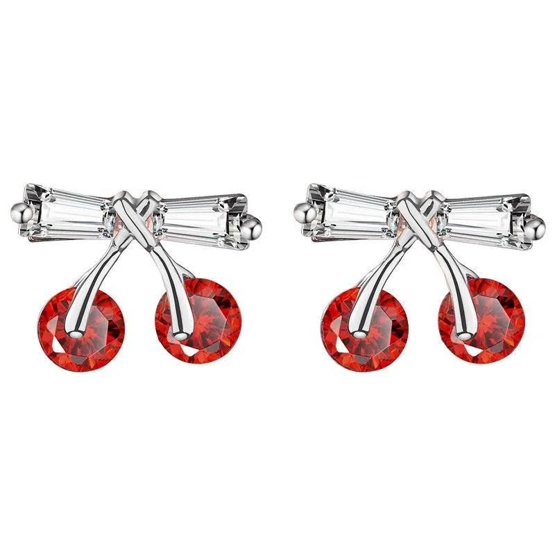 Korean Red/White & Silver Cherry Earrings with Classic Cubic Zirconia