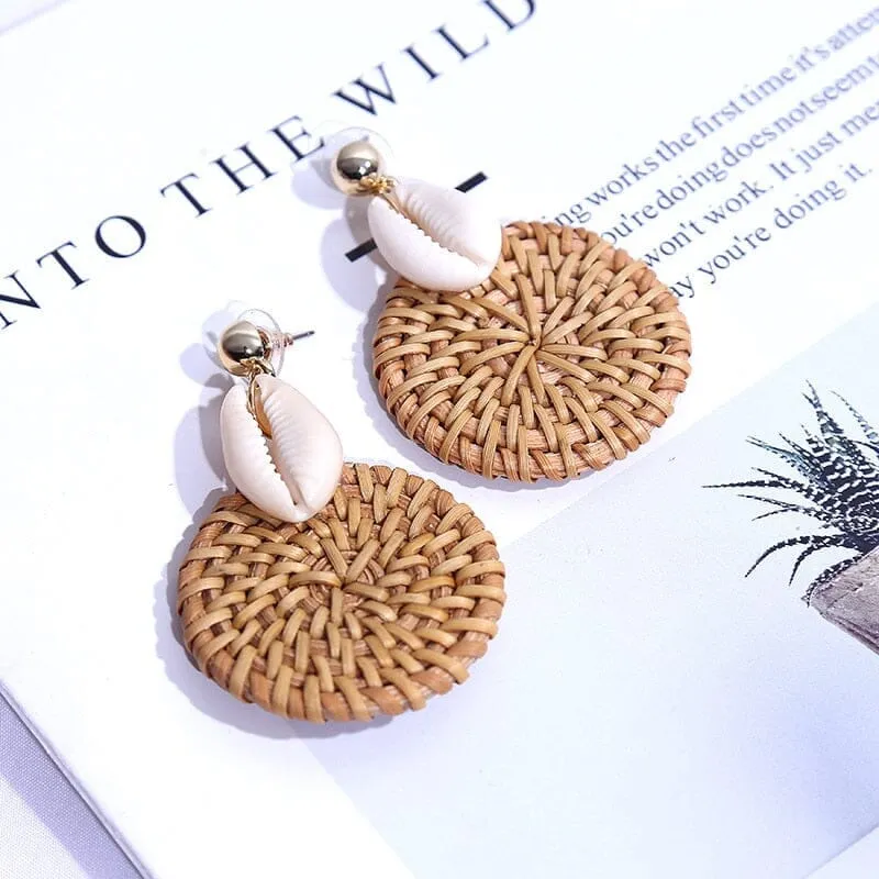 Korean Style Fashion Handmade Natural Puka Shell Rattan Drop Earrings