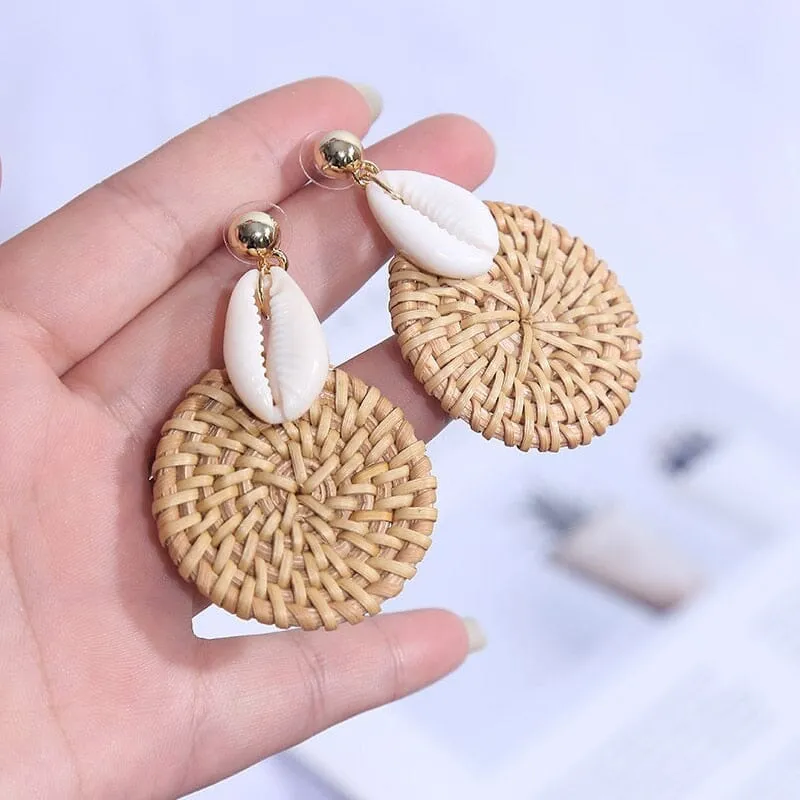 Korean Style Fashion Handmade Natural Puka Shell Rattan Drop Earrings