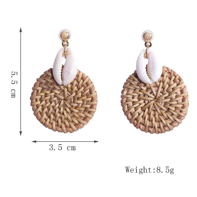 Korean Style Fashion Handmade Natural Puka Shell Rattan Drop Earrings