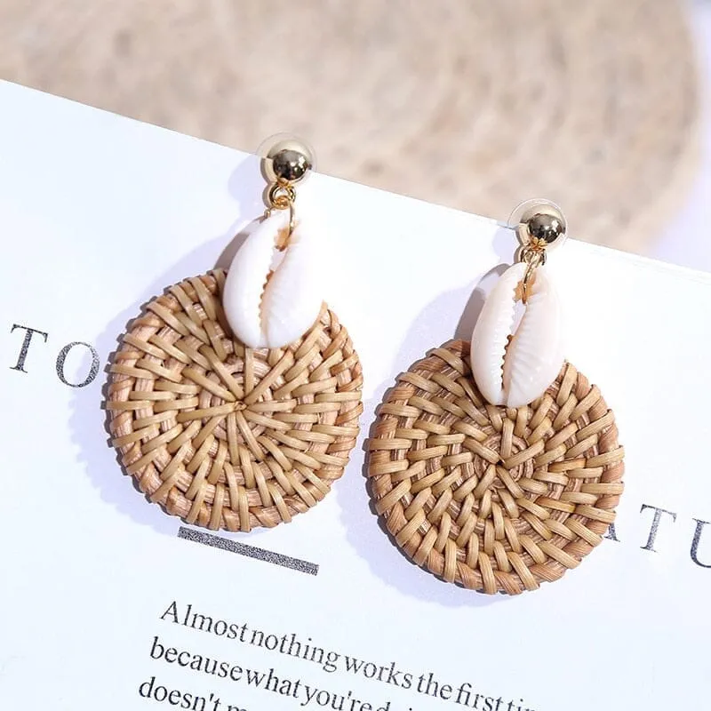 Korean Style Fashion Handmade Natural Puka Shell Rattan Drop Earrings