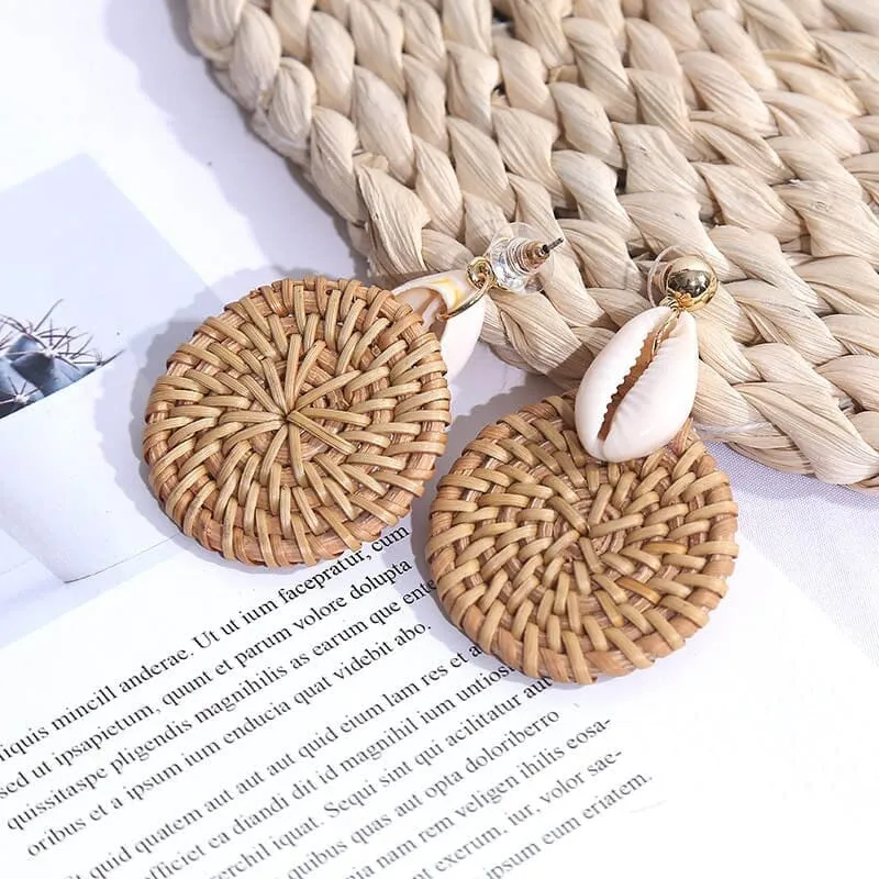 Korean Style Fashion Handmade Natural Puka Shell Rattan Drop Earrings