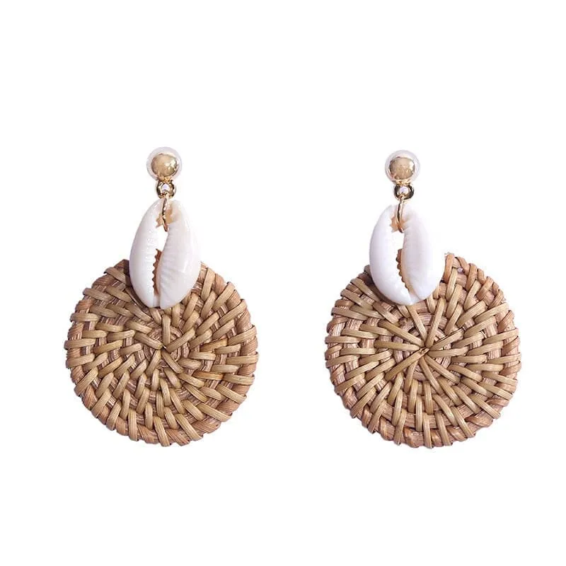 Korean Style Fashion Handmade Natural Puka Shell Rattan Drop Earrings