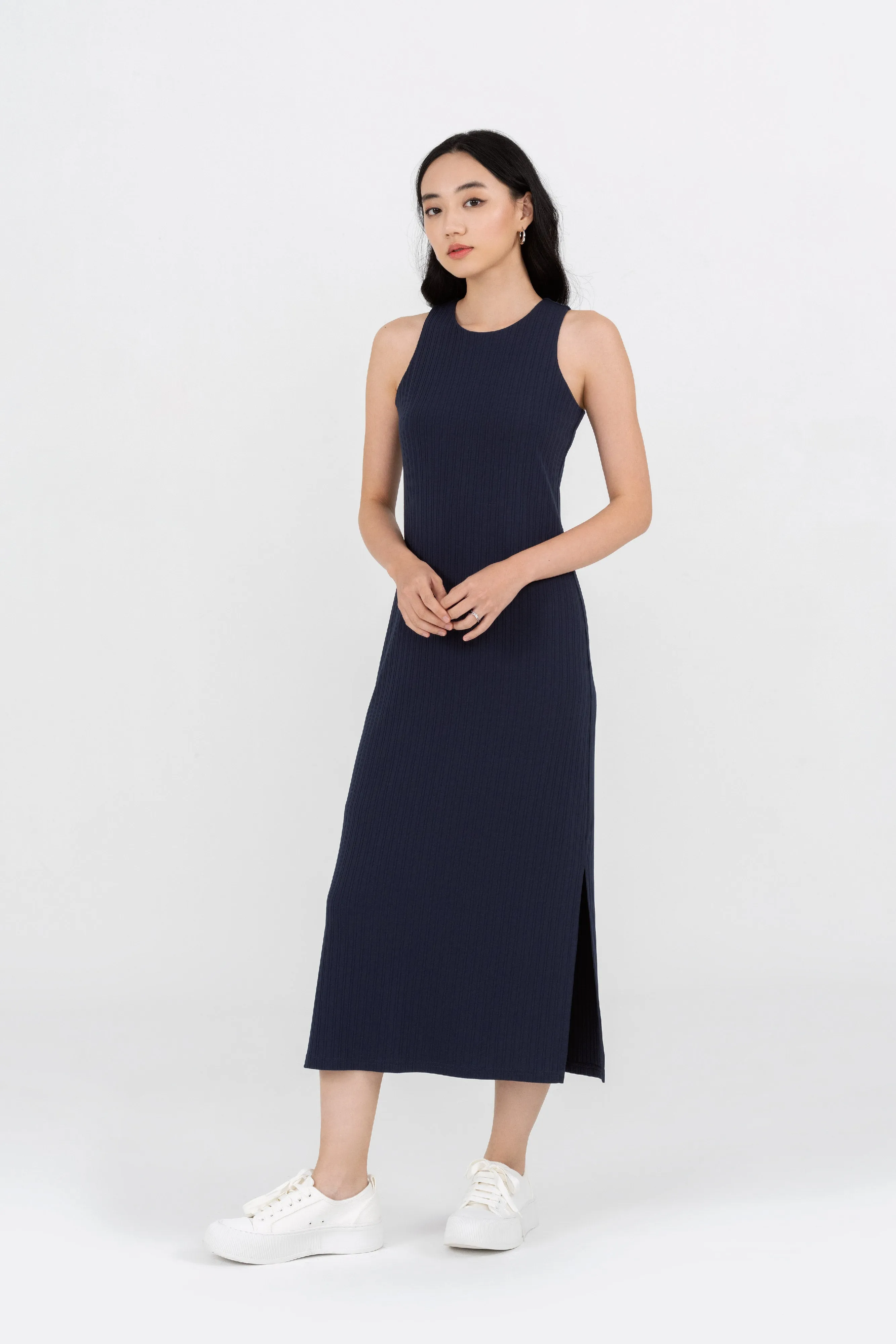 Kymmie Knitted Midi Dress in Navy Blue