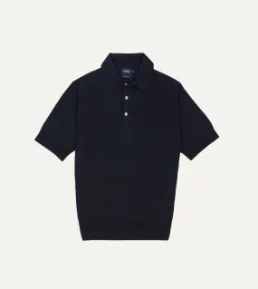 Navy Knitted Linen-Cotton Short-Sleeve Polo Shirt