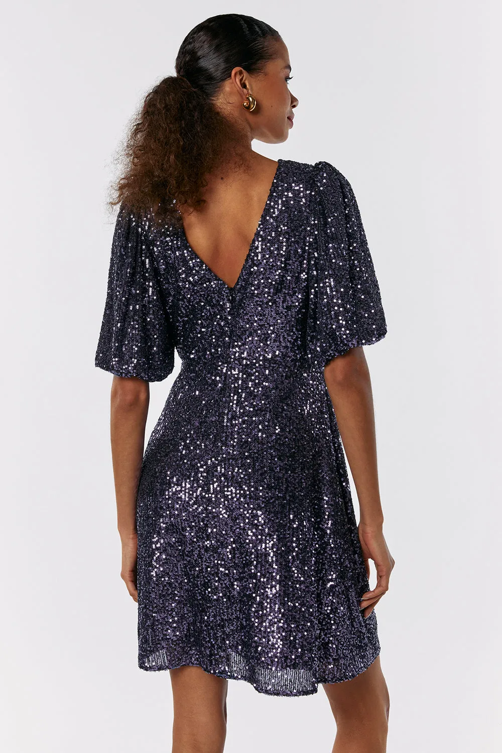 Navy Sequin Puff Sleeve Short Dress