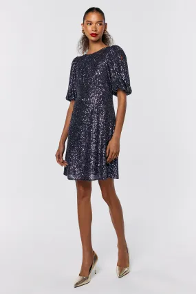 Navy Sequin Puff Sleeve Short Dress