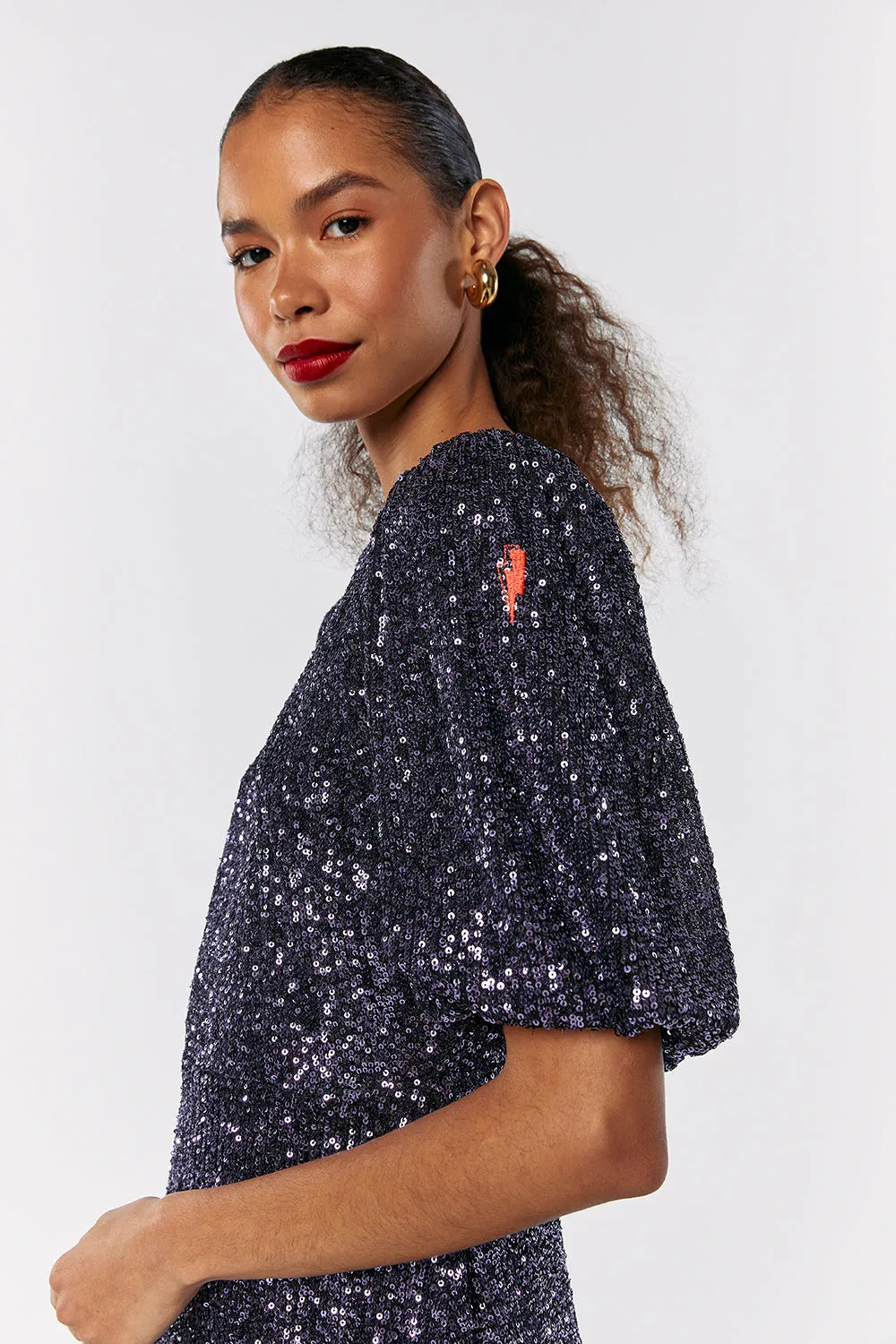 Navy Sequin Puff Sleeve Short Dress