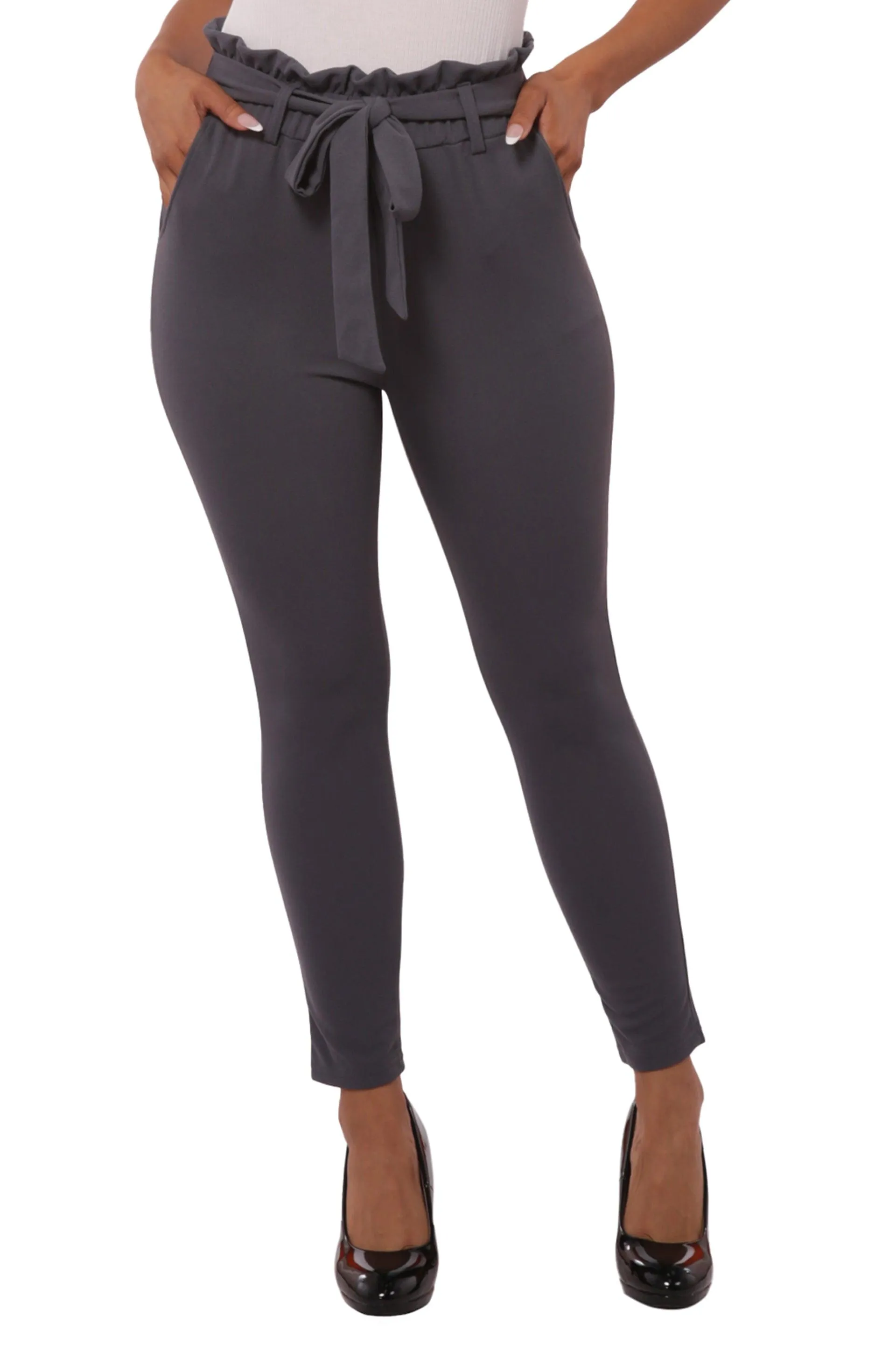 Paperbag Waist Slim Fit Pants With Self Tie - Charcoal