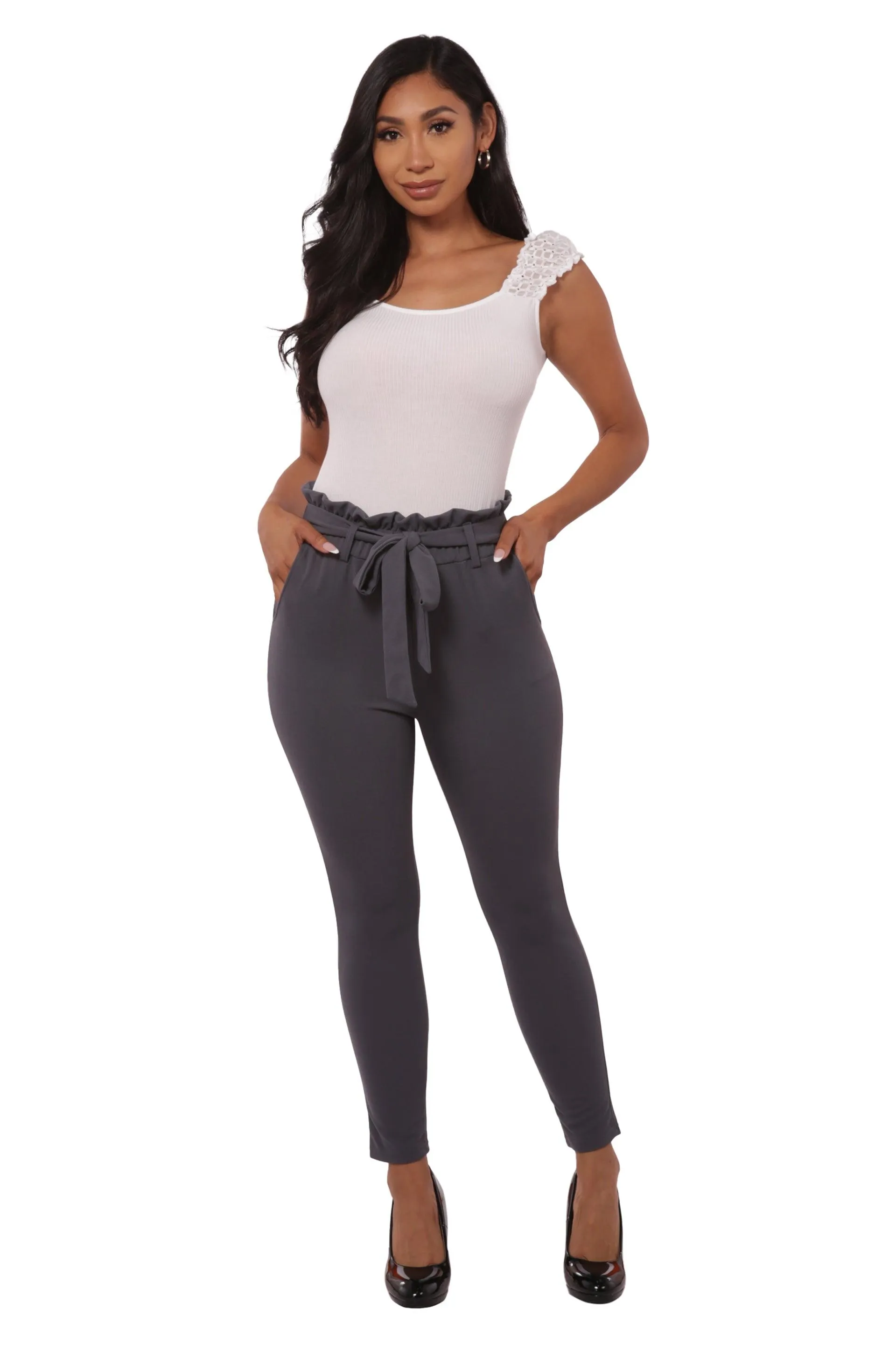 Paperbag Waist Slim Fit Pants With Self Tie - Charcoal