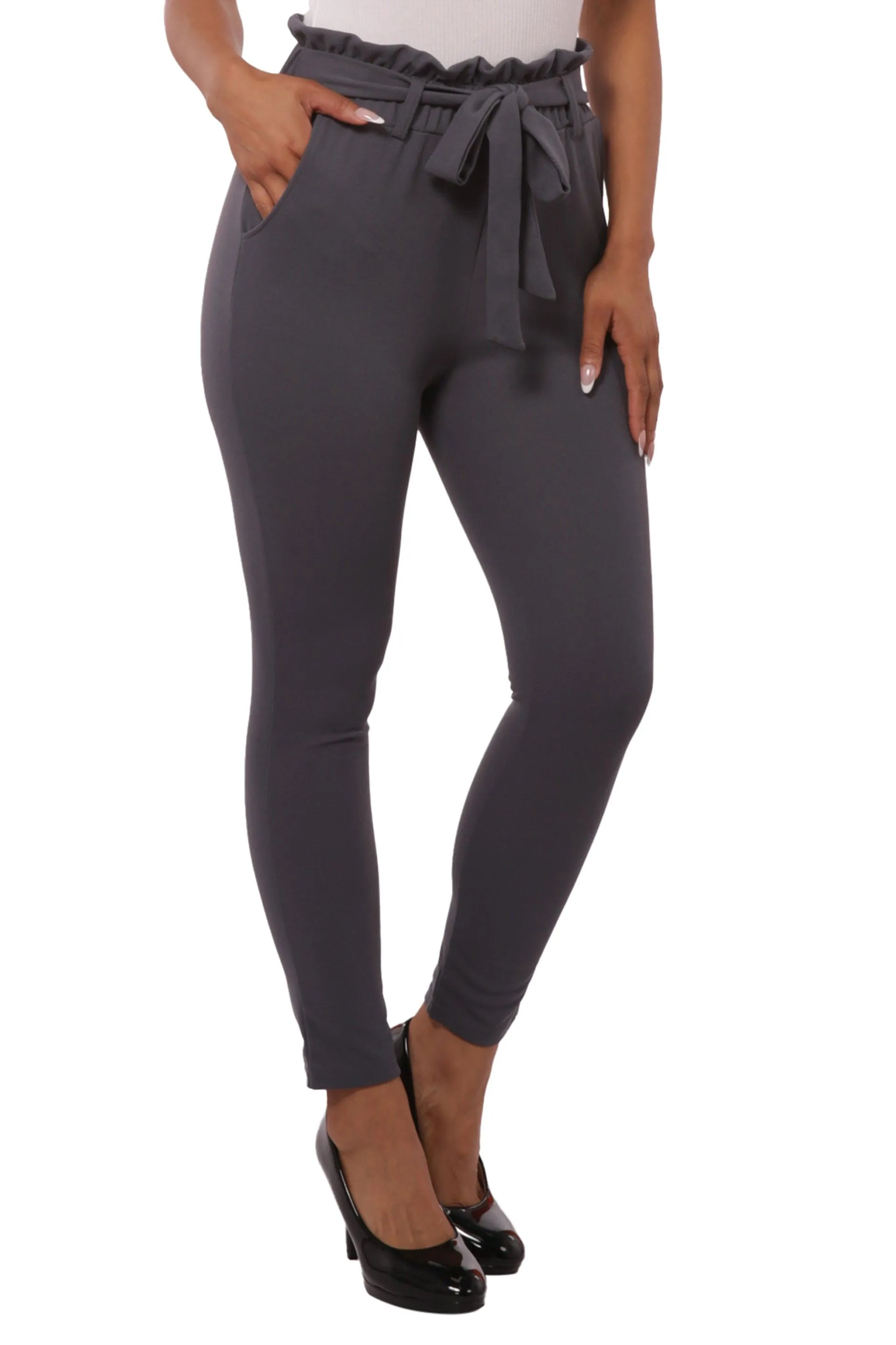 Paperbag Waist Slim Fit Pants With Self Tie - Charcoal