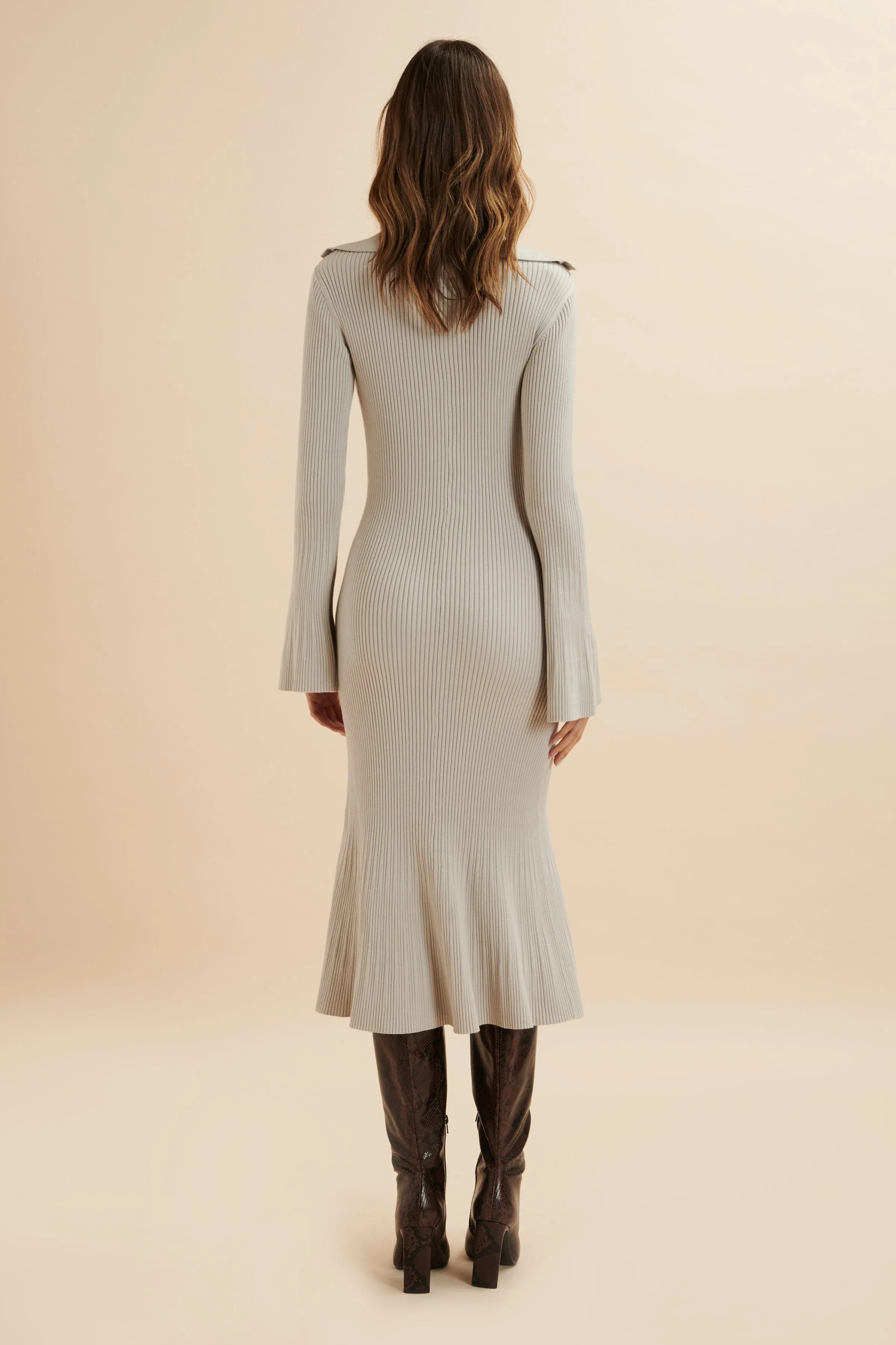 PARKER Knitted Ribbed Fit & Flare Collared Dress In Stone