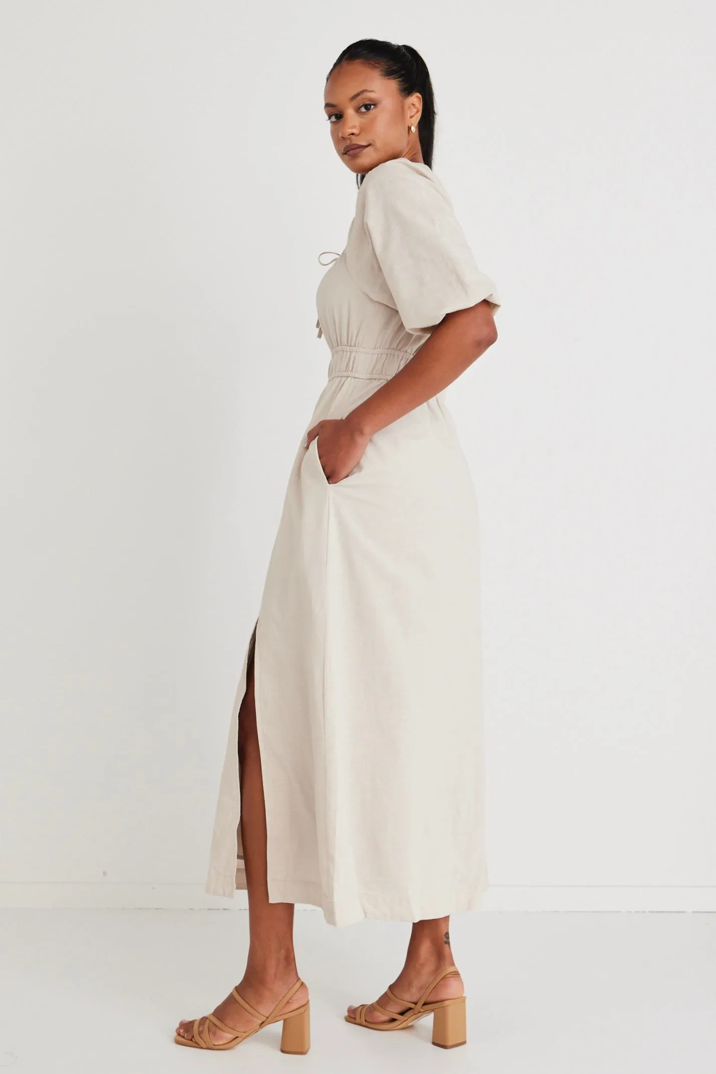 Roma Ecru Linen Blend Ss Slim Fit Midi Dress