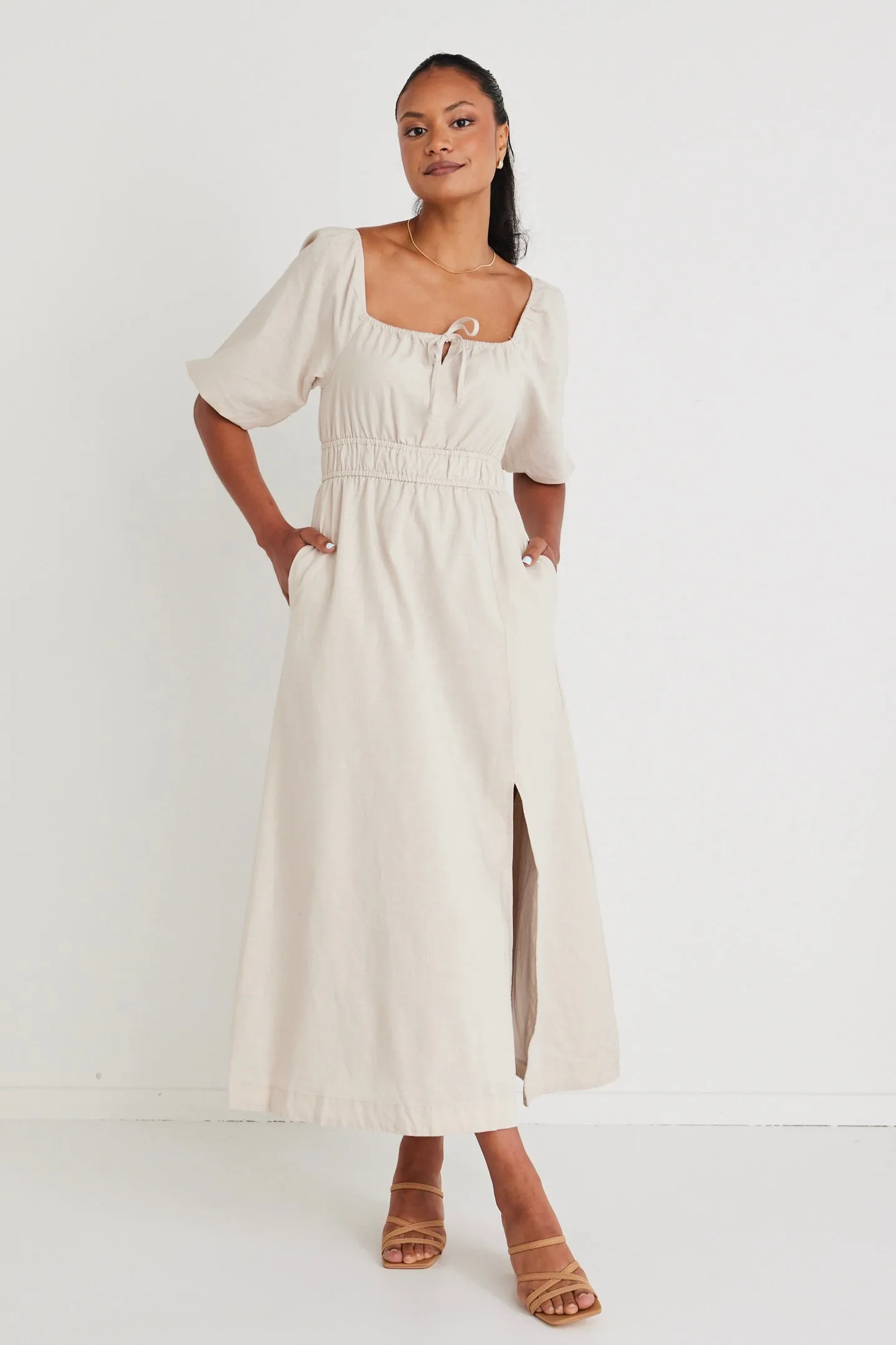 Roma Ecru Linen Blend Ss Slim Fit Midi Dress