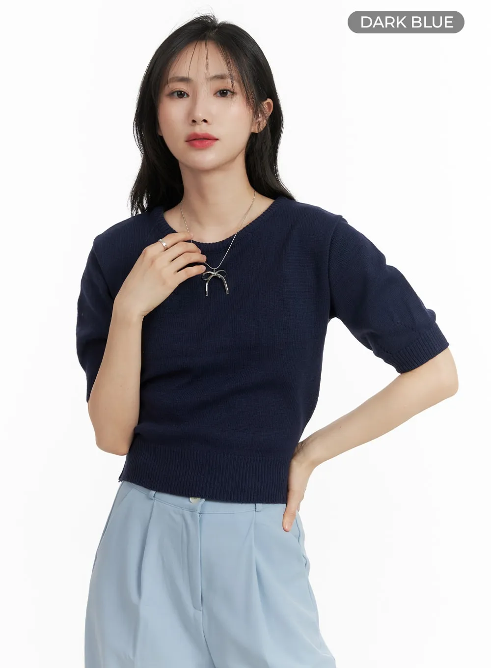 Round Neck Knitted Short Sleeve Top OM412