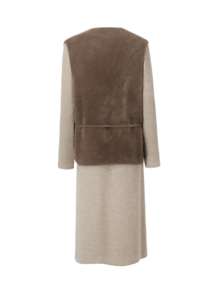 Slim Pinafore Dress And Faux Mink Vest Two-Piece Set With Belt