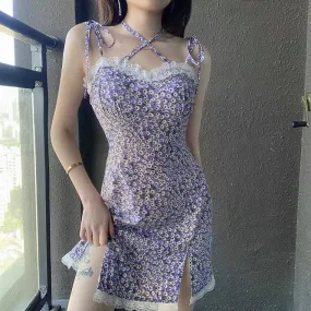 SWEET PURPLE FLORAL SLIM SLING DRESS BY30003