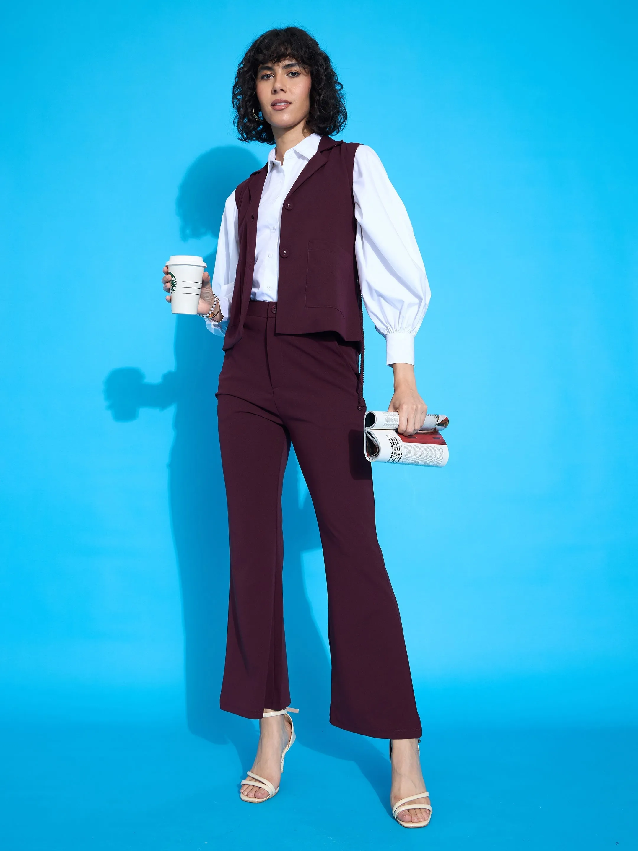 Women Burgundy Bell Bottom Slim Pants