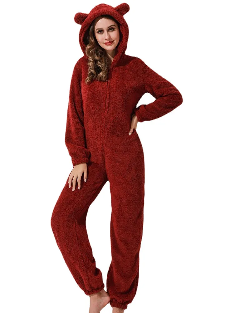 Women Fluffy Plush Zipper Cute Hooded Home Long Sleeve Warm Sleepwear Jumpsuits