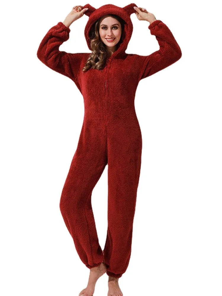 Women Fluffy Plush Zipper Cute Hooded Home Long Sleeve Warm Sleepwear Jumpsuits