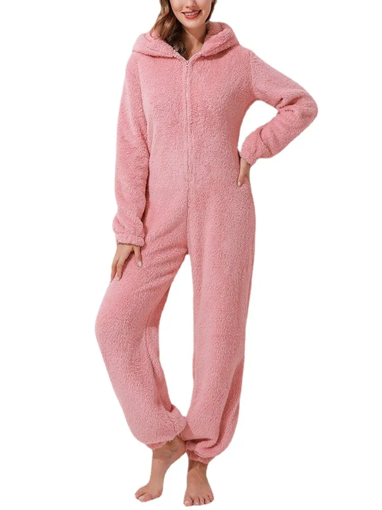 Women Fluffy Plush Zipper Cute Hooded Home Long Sleeve Warm Sleepwear Jumpsuits