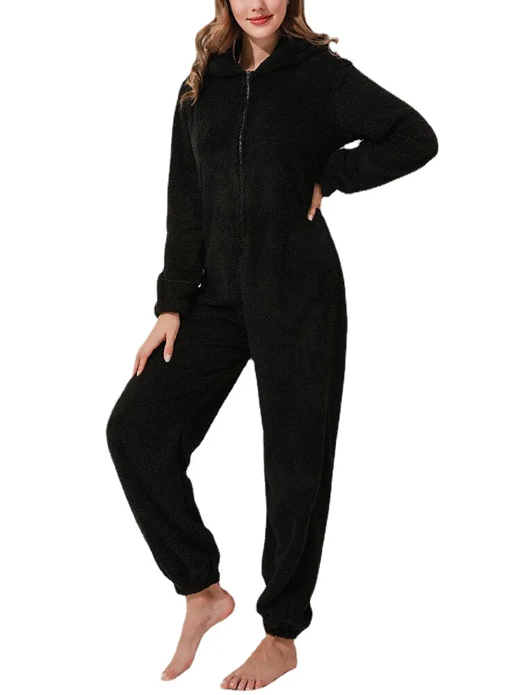 Women Fluffy Plush Zipper Cute Hooded Home Long Sleeve Warm Sleepwear Jumpsuits