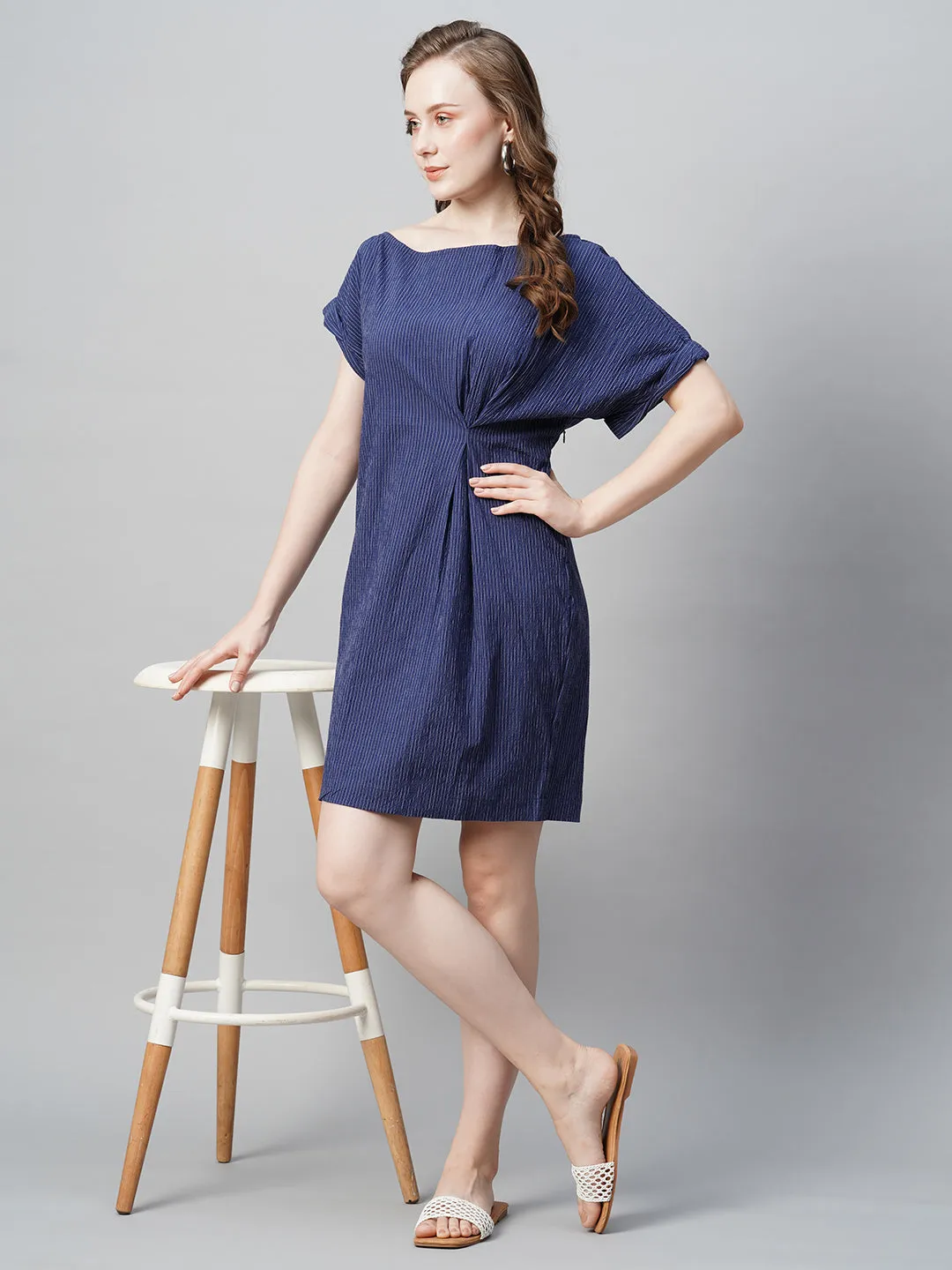 Women's Navy Cotton Lycra Slim Fit Dress